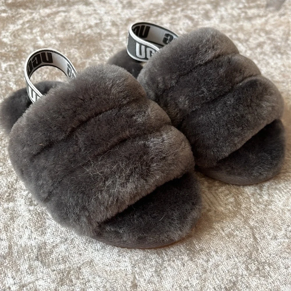 Brand New UGG Fluff Yeah Slides Baby & Toddler Gray Genuine Sheepskin Slipper